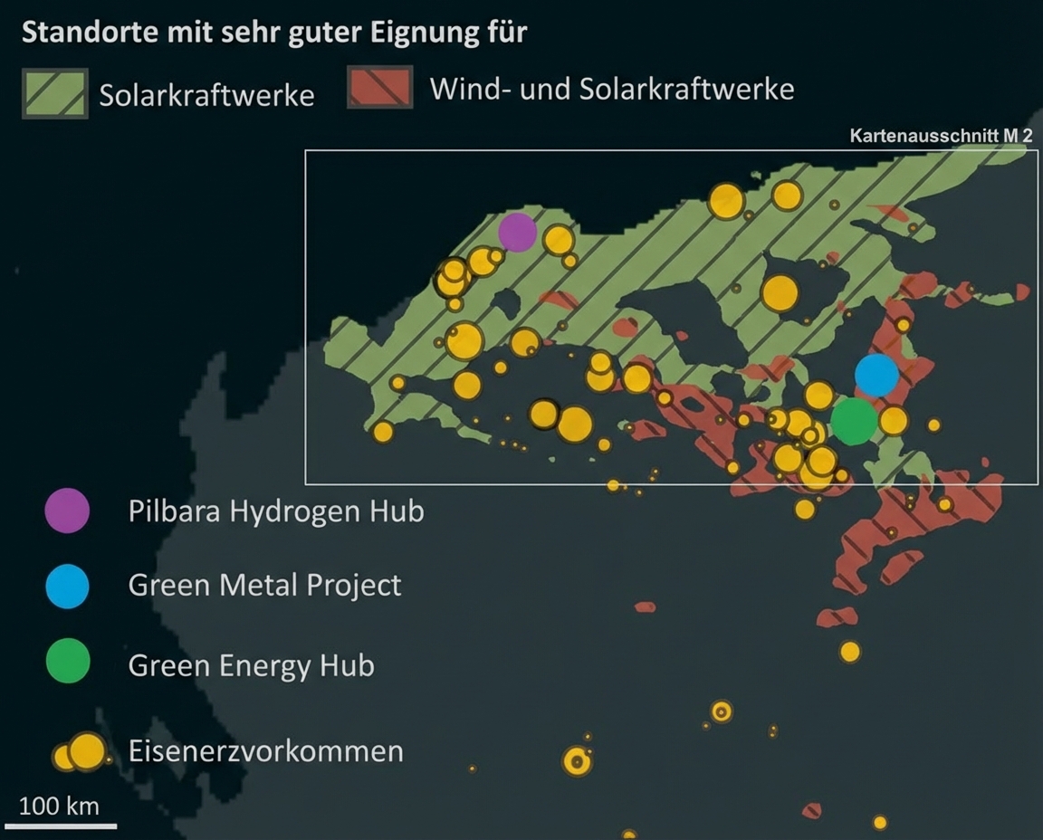 Kartenausschnitt mit markierten Flächen für Solar- und Windkraft, Energie-Hubs und Eisenerzvorkommen.